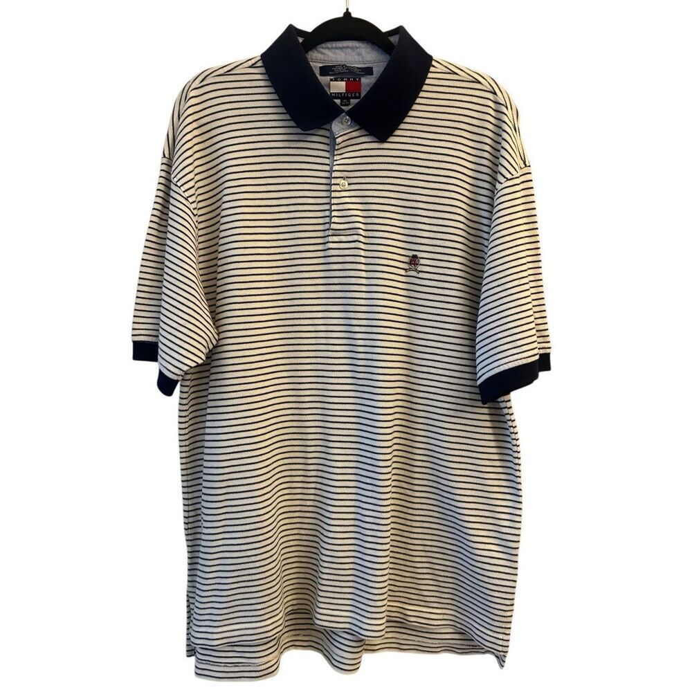 Vintage Y2K Tommy Hilfiger Stripe Pique Polo XL 100% cotton Appliqué navy x crea